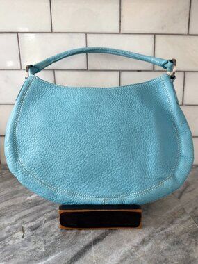Ann Taylor Sky Blue Pebbled Leather Hobo Bag Silver Ring Detail Contrast Stitch